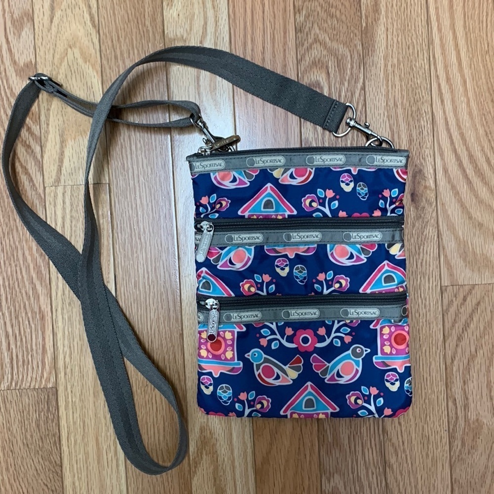 LeSportSac Folk Art Blue Bird Floral Zipper Crossbody
